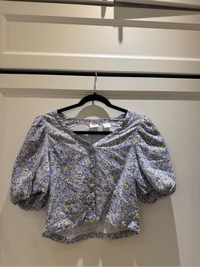 Levies Floral Puff Sleeve Cropped Blouse - Purple & Yellow